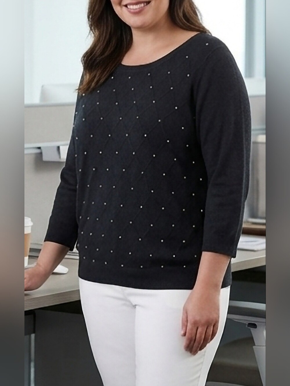 Elle Crew Neck Pearl Sweater 3/4 Sleeves Cotton/Viscose Business/Office XL